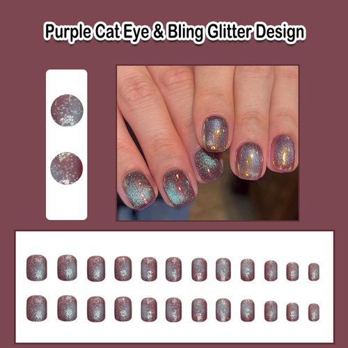 ANDGING Purple Cat Eye Press on Nails Short Square Glue on Nails with Bling Glitter Design Fake Nails for Wedding Birthday Manicure Acrylic False Nails Women 24Pcs Gel Stick on Nail with Glue ADG88L