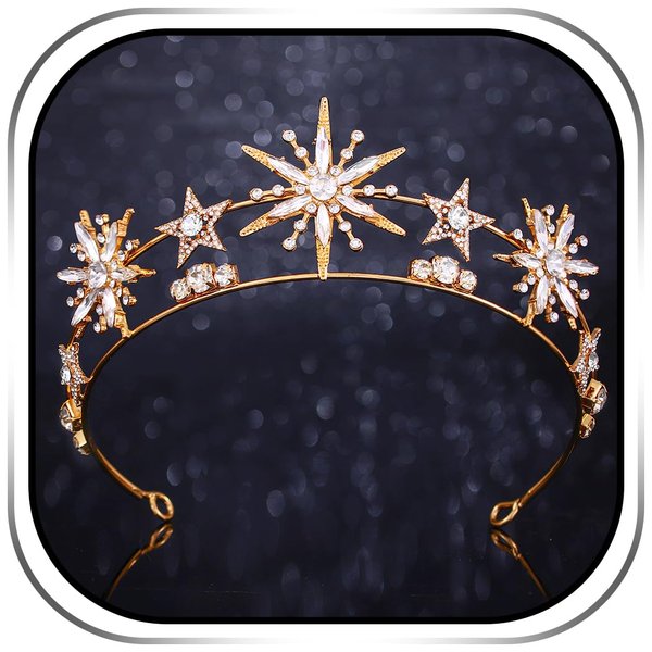 Urieo Rhinestone Star Crown Headband Gold Stars Crowns Headpiece Bridal Crystal Tiara Headpieces Wedding Festival Hair Accessory for Women