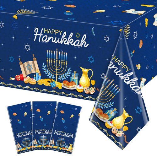 3Pcs Happy Hanukkah Party Tablecloth Decorations, Rectangle Plastic Jewish Chanukah Party Table Cover Backdrop Banner for Hanukkah Jewish Festival Holiday Hanukkah Party Supplies,58x104inch