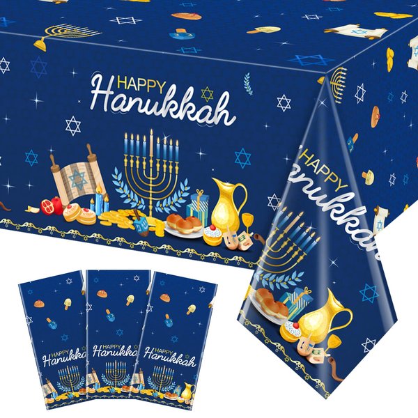 3Pcs Happy Hanukkah Party Tablecloth Decorations, Rectangle Plastic Jewish Chanukah Party Table Cover Backdrop Banner for Hanukkah Jewish Festival Holiday Hanukkah Party Supplies,58x104inch