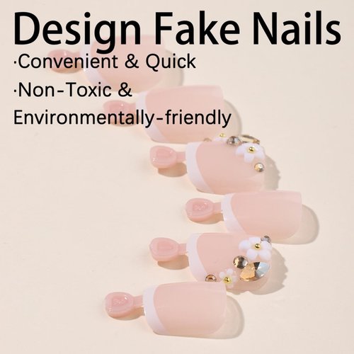 24Pcs White French Press on Toenails Short Square Fake Toe Nails Pink Toe Nail Press Ons with Flower Rhinestone Design Acrylic Full Cover Toe Nail Tips Press on Toenails for Women Manicure