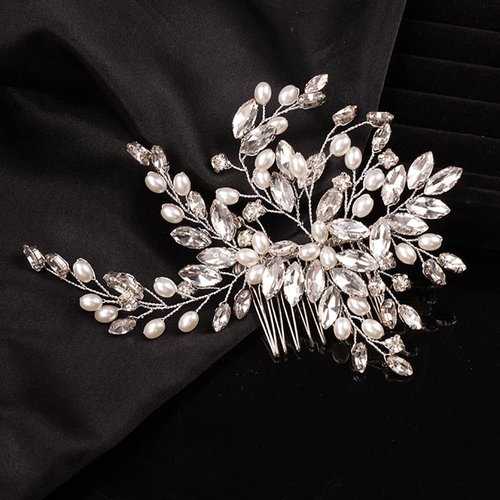 Teyglen Crystal Bridal Hair Comb Silver Rhinestone Headpiece for Wedding Handmade Pearl Crystal Beads Hair Piece Hair Accessories for Women Bride Girls(Silver)