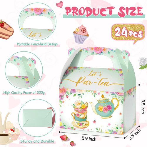 TaoBary 24 Pcs Tea Party Treat Boxes Pink and Green Floral Tea Candy Boxes Tea Theme Goodies Gift Boxes Wedding Tea Party Favor Boxes Teapot Paper Box Floral Tea Party Supplies for Wedding Shower