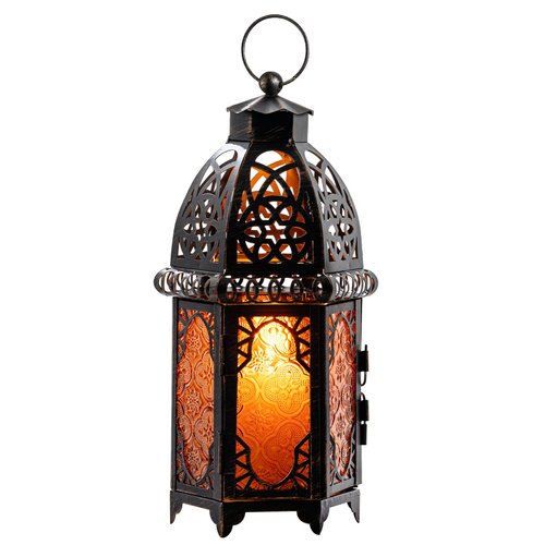Ramadan Decorations for Home 2024, Vintage Decorative Candle Lantern, Moroccan Metal Hanging & Tabletop Candle Holders for Outdoor Patio Decor (Amber)