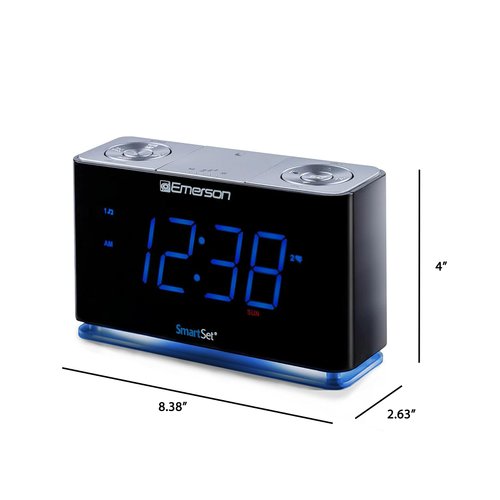Emerson Smartset Radio Alarm Clock, 1.4" Blue LED Digital Display, USB Charging Port, Brightness Dimmer Controls, Bluetooth Connectivity, Set Alarm to Radio, Music, or Buzzer, Bedside Clock, Black