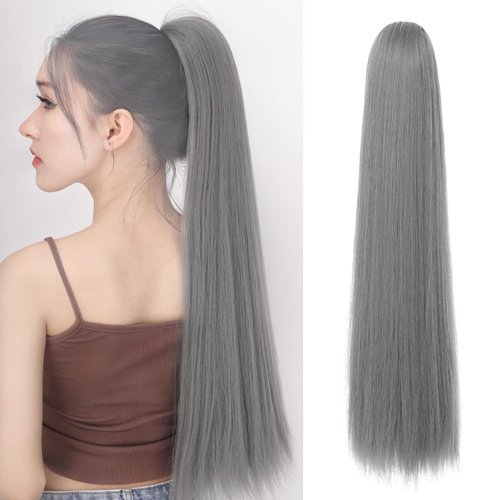 PonytailS Hair Extensions, Long Wavy Drawstring Pony Tail For Black Women Natural Synthetic Heat Resistant 18" 5.6 OZ Pony Tail Hair Extensions For Women Girls (22"--10A-S granny grey, 22 inches)