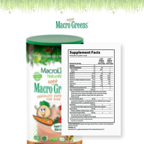 MacroLife Naturals MacroCoco Greens Chocolate Superfood Powder for Kids Raw Fruits Veggies Probiotics & Digestive Enzymes, Immunity Energy, Non-GMO, Vegan, Gluten, Dairy Free - 7oz (32 Servings)