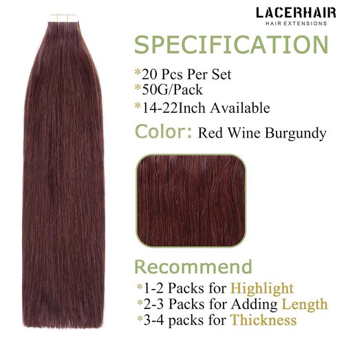 Lacer 20 Inch Invisible Best Tape in Hair Extensions Human Hair Silky Straight Double Sided PU Skin Weft Tape in Human Hair Extensions Color #99J Red Wine Burgundy 50g 20pcs