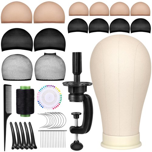 Sublaga 22 Inch Canvas Block Head Set for Wig Display Making Hair Weave and Styling Mannequin Head with Mount Hole C Stand, Styling Hair Clips, T Needle, C Needles, Thread, Lace Wig Caps (84 pcs)