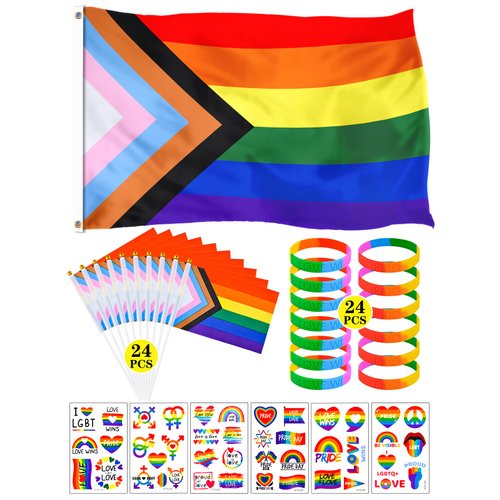 Abitoncc 91Pcs Gay Pride Accessories Stuff Set - Progress Pride Flag 3x5 Outdoor 24 Pack Mini Hand Held Small Pride Flags 24Pcs Pride Wristband Temporary Pride Tattoo Stickers Pride Stuff for Pride Month Outdoor Celebration Gay Progress Pride Party Favors