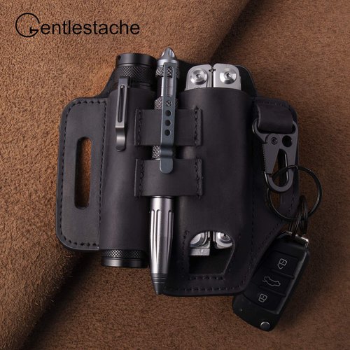 Gentlestache Belt Sheath, Practical EDC Leather Belt Organizer with Multitool Pouch, Flashlight/Pen Holder and Keychain Clip for Men Black