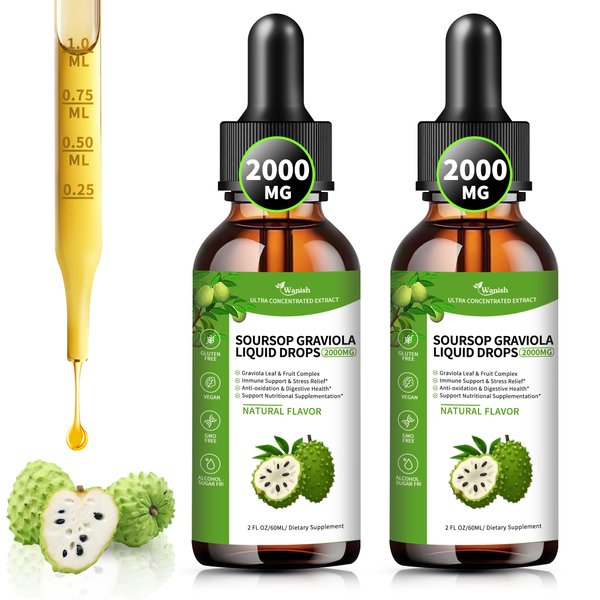(2 Pack)Soursop Graviola Liquid Drops 2000mg, 98% Absorption Soursop Bitters Liquid for Cell Support & Regeneration, Immune Boost, Liver, Herbal Goodness, Sugar/Gluten Free, Natural Flavor, 4 Fl Oz