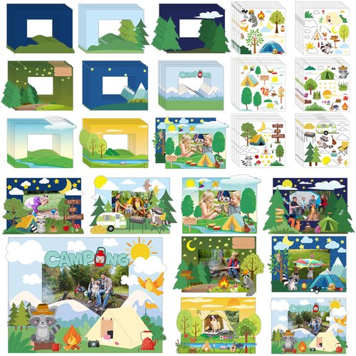 Beeveer 48 Packs Camp Picture Frame Craft Kits Camping Craft DIY Picture Frame Crafts Gifts Bulk with Camp Raccoon Stickers for Classroom Home Party Activities VBS Supplies