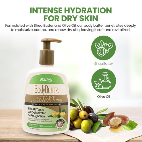 Biocare Labs Moisturizing Body Butter - Body Cream With Natural Shea Butter, Olive Oil, and Vitamin E - Instantly Penetrates and Deeply Renews Skin - Lotion Designed For Dry Skin- 16 OZ