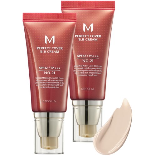 MISSHA M Perfect BB Cream No.21 (2 Pack) Light Beige for Bright Skin SPF 42 PA +++ 1.69 Fl Oz - Tinted Moisturizer for face with SPF