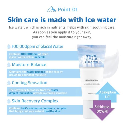 LIZK Ice Water Ice cream, Water Cream, Face Moisturizer, 100,000 ppm glacial water, Hydration Cream, moisturizing for Dry Skin with Hyaluronic Acid cooling, Peptide, claming, 3.4 fl.oz