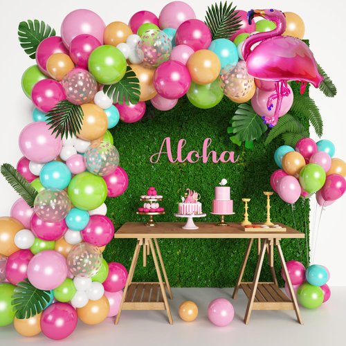 132Pcs Tropical Flamingo Balloons Garland Kit, Flamingo Foil Balloons Green Pink Aqua Blue Confetti Balloons Palm Leaves Baby Shower Hawaiian Luau Birthday Party Decorations Supplies