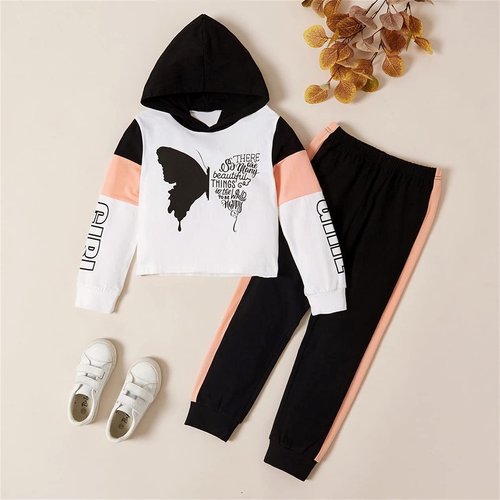 Axumity Toddler Baby Girls Clothes Outfits Butterfly Letter Print Hoodie Hooded Sweatshirt and Pants 2-Piece Fall Winter Clothing Set(6-7T)