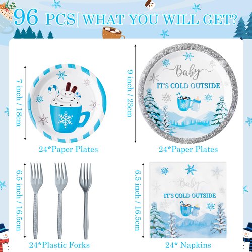 G1ngtar 96Pcs Baby It's Cold Outside Party Plates Supplies - Winter Hot Cocoa Tableware Decorations Cocoa Mug Disposable Paper Plates Napkins Forks for Christmas Birthday Baby Shower, Serves 24