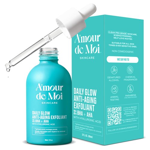 Amour De Moi 2% BHA + AHA Face Exfoliator & Acne Treatment - Gentle Pore Minimizer, Hydrating Exfoliant Liquid with Salicylic Acid, 1% Glycolic Acid, Hyaluronic Acid, Green Tea for All Skin Types, 2oz
