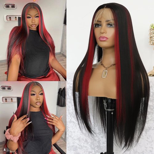 MACA BAKA Highlight Red Long Straight Synthetic Lace Front Wig Glueless Colored Skunk Stripe Red Mixed Black 13x4 Lace Front Wigs for Women Pre Plucked with Baby Hair 24 Inches 150 Density