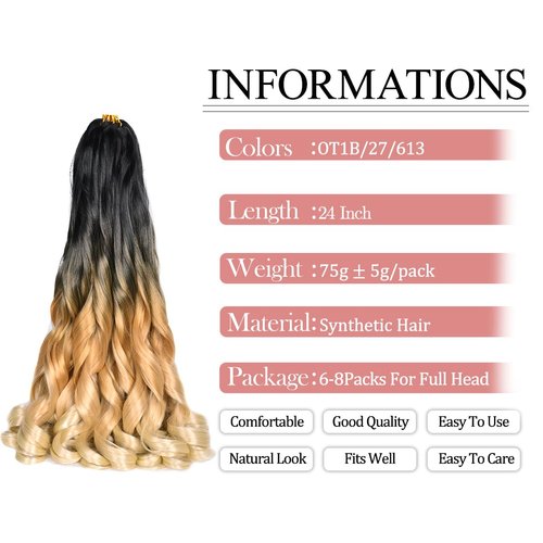 French Curly Braiding Hair 24 Inch 8 Packs Soft Braiding Hair Pre Stretched Loose Wavy Braiding Hair Synthetic Hair Extensions for Black Women (24 inch 8 packs, OT1B/27/613)