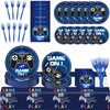 Video Game Birthday Party Decorations,98 Pcs Of Game Party Birthday Decorations,Including Dinner Plates,2 Game Tablecloths,Forks,And Other Video Game Party Supplies , Serving 24 Guests (Blue)