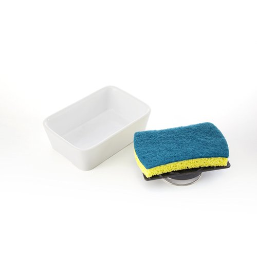 Full Circle Bubble Up Ceramic Soap Dispenser & Scrubber Sponge Set, White