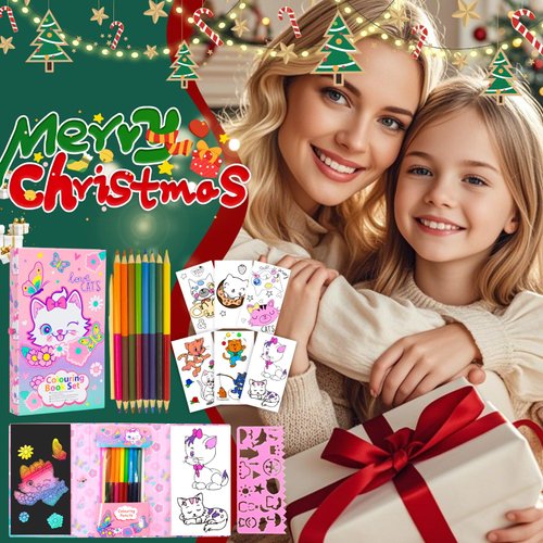 Cat Coloring Book Set with Coloring Pages & Colored Pencils, Art Supplies for Kids Ages 4-6-8, Arts Crafts Travel Coloring Kit for Girls 4 5 6 7 8 Year Old Christmas Birthday Gift