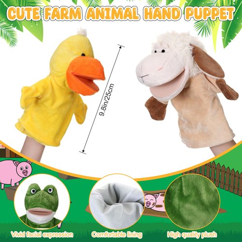RoundFunny 4 Pcs Hand Puppet Animal Hand Puppet Set with Working Mouth 9.8 Inch Animal Puppet Animal Soft Plush Toy for Storytelling Theater Preschool Birthday Gifts (Cow, Frog, Duck, Sheep)