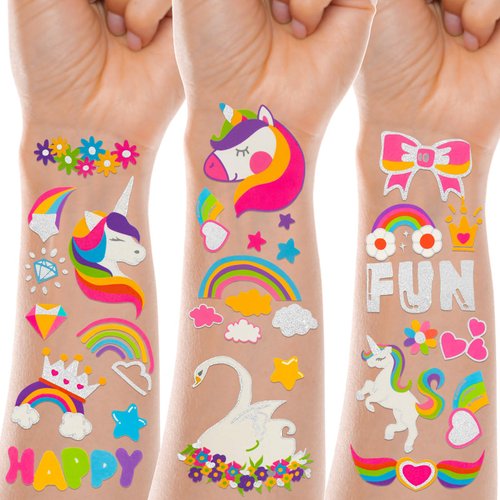 Domthent Pride Temporary Tattoo Kids,118 PCS Unicorn Birthday Decorations,Unicorn Party Favors including Unicorn Rainbow Crown Gem and Other Temporary Tattoo Designs for Kids Birthday Party (Rainbow)