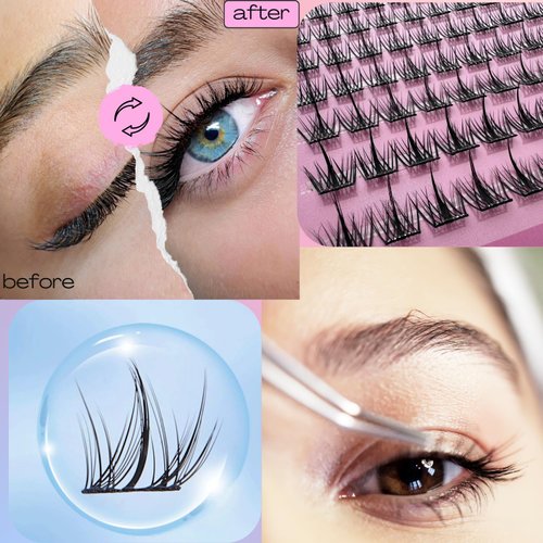 Lash Clusters Kit Eyelash Extension Kit DIY 100pcs Volume Lash, Thick Eyelash Extension Kit, 9-16mm Curl Individual Eyelash Wispy Lash Bond and Seal Lash Tweezers