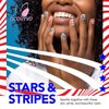 4th of July Press on Nails French Tips Almond Shaped Fake Nails Stars Cherry Designs Independence Day Patriotic False Nails Pink Glossy Artificial Stick Glue on Nails for Women Girls 24 Pcs