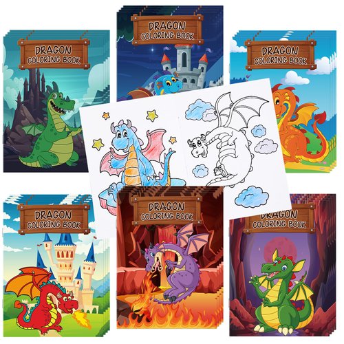 Ctosree 24 Pcs Dragon Coloring Books for Kids Dragon Party Castle Painting Drawing Book DIY Story Art Doodle Booklet Dragon Party Favors Supplies Book Gift Class for Boys Girls