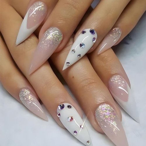 ANDGING Stiletto Press on Nails White Medium Length Fake Nails with Glue Acrylic Ombre Rhinestone Glue on Nails with Designs Fancy Gel Manicure False Nail for Women Stick ons Nails for Girls Wedding