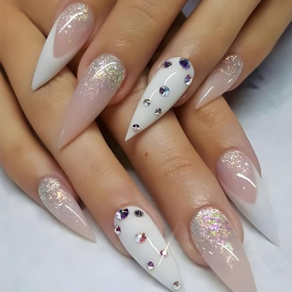 ANDGING Stiletto Press on Nails White Medium Length Fake Nails with Glue Acrylic Ombre Rhinestone Glue on Nails with Designs Fancy Gel Manicure False Nail for Women Stick ons Nails for Girls Wedding