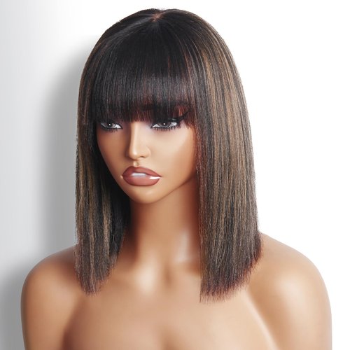NOFEPR Brown Highlight Yaki Bob Wigs with Bangs for Women, 2x1 Guleless HD Lace Front Ombre Brown Straight Wigs Human Hair For Daily Use 12 In