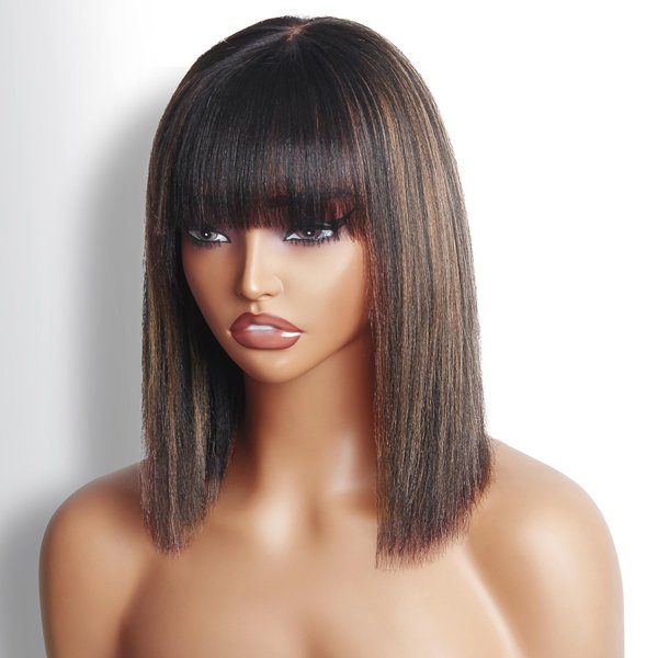 NOFEPR Brown Highlight Yaki Bob Wigs with Bangs for Women, 2x1 Guleless HD Lace Front Ombre Brown Straight Wigs Human Hair For Daily Use 12 In