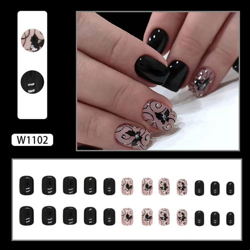 CEWEWP Black Short Press On Nails, 24Pcs Short Square Fake Nails with Black Vines and Dark Butterfly Designs False Nails with Designs Full Cover Acrylic Nails Stick Glue On Nails for Women Girls