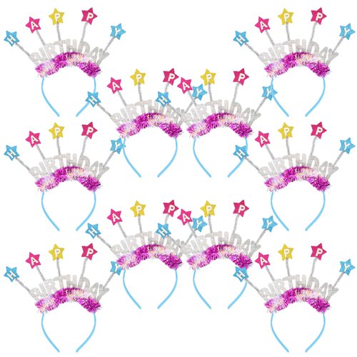Needzo Happy Birthday Headband for Girls, Multicolor Glitter Details, Party Favor Star Headpiece Set, One Size Fits Most (Pack of 10)