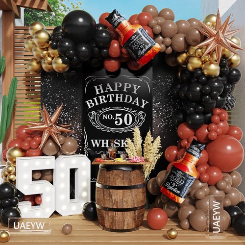 Whiskey Birthday Party Decorations Aged to Perfection Party Supplies, 143Pcs Whiskey Balloon Arch Garland Kit Brown Coffee Black Gold Balloons for Men Women Vintage 30th 40th 50th Birthday Anniversary