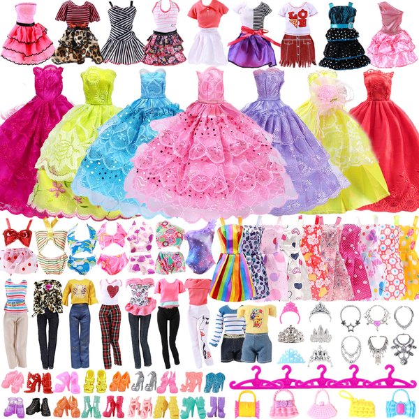 65 PCS Clothes and Accessories Including 5 Wedding Gown Dresses 10 Slip Dress 2 Fashion Dresses 2 Tops 2 Pants 2 Bikini 20 Shoes 22 Accessories for 11.5 Inch Girl Dolls in Random
