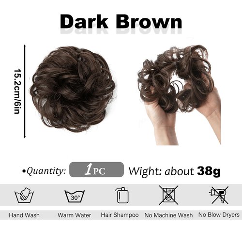 HIZEMLK 1PCS Messy Bun Hair Piece Messy Hair Bun Scrunchies for Women Wavy Curly Chignon Ponytail Hair Extensions Synthetic Thick Tousled Updo Bun (Dark Brown)
