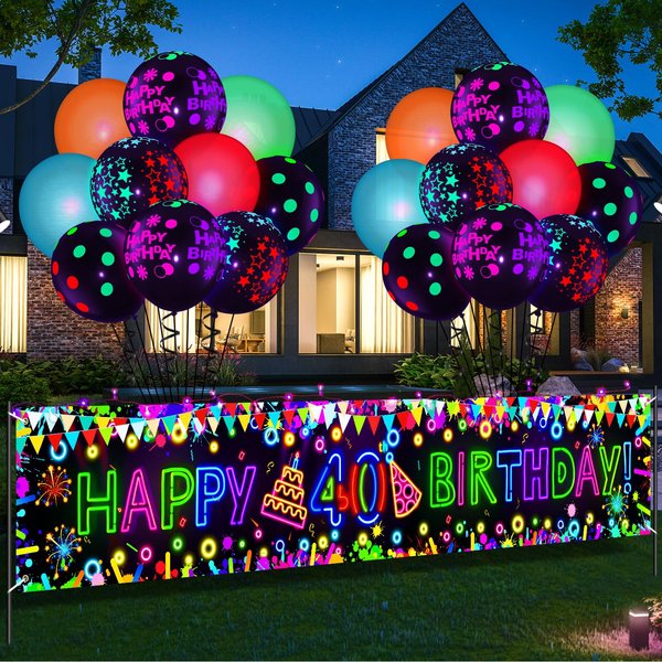 Neon Birthday Party Decorations Glow Neon Happy 40th Birthday Yard Sign Banner (UV Black Light Reactive) and 20Pcs Fluorescent Neon Birthday Balloons for Glow in The Dark Birthday Party Supplies