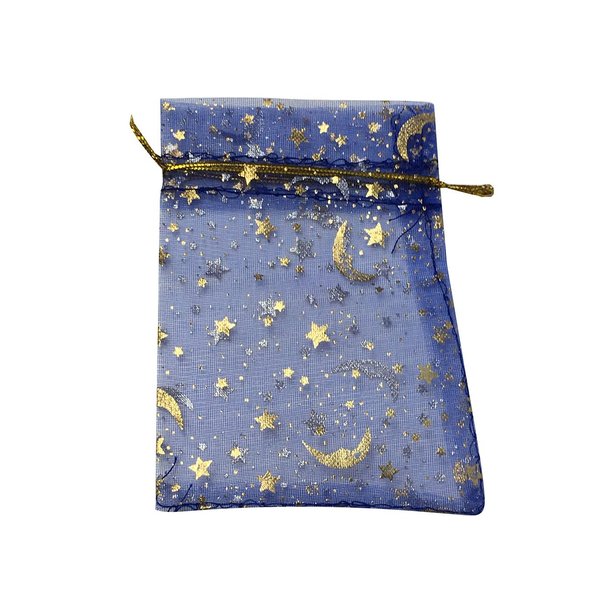 SUNGULF 100Pcs Sheer Organza Drawstring Pouches Stars and Moon Wedding Party Favor Jewelry Candy Gift Bags (5x7 inch, Blue)