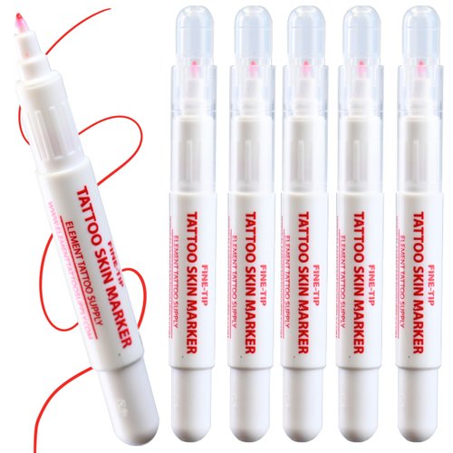 ELEMENT TATTOO SUPPLY - Fine Tip Red Skin Body Marker Pens for Tattoo Stencil - Thin Line Precision - Disposable for Stencil - Dot Markings -Body Piercing - Microblading 5 Markers