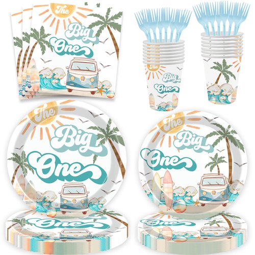 100 Pcs Surf The Big One Decoration Retro Surfer Boy 1st Birthday Paper Dinner Plates Napkins Cups Forks Dinnerware for Surf Board Sun Retro Van Wave Theme Surfing 1st Bday Baby Shower Party Supplies