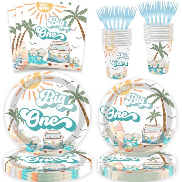 100 Pcs Surf The Big One Decoration Retro Surfer Boy 1st Birthday Paper Dinner Plates Napkins Cups Forks Dinnerware for Surf Board Sun Retro Van Wave Theme Surfing 1st Bday Baby Shower Party Supplies