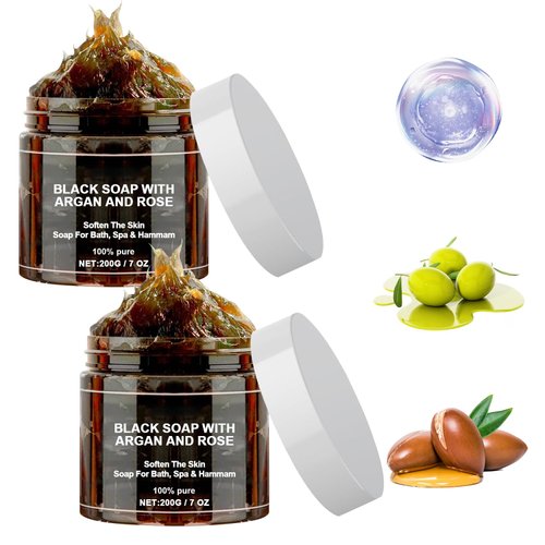 2PCS Morocco Black Soap With Argan And Rose, Zawina Moroccan Black Soap, Zawina Morocco Body Scru...