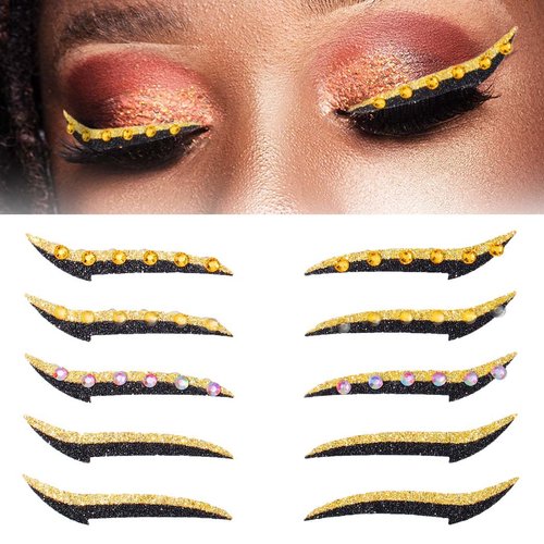 Uranian Eyeliner Stickers Glitter Eyeliner Stickers with Rhinestones Instant Adhesive Eye Line Strip Reusable Eyeshadow Stickers Colorful Eyelid Tape for Party Makeup Tool for Women (Gold)